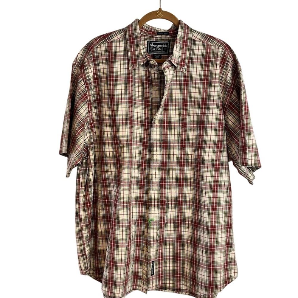 Abercrombie & Fitch Y2K BIGGEST SHIRT Short Sleeve Button Down Tan Red Plaid L